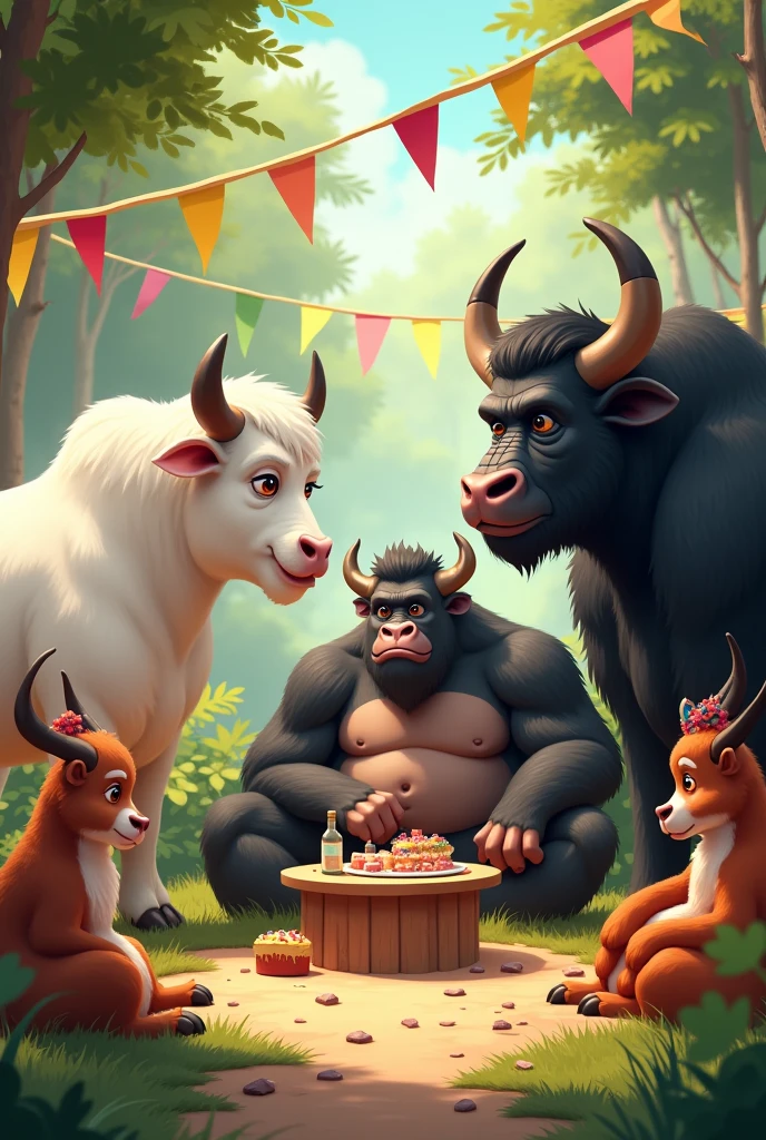create an image with an ox, buffalo, and monkey make party together together. 🐂🐃 🦍
Only these three animals white ox, black
buffalo and big Gorilla
Chilling party together