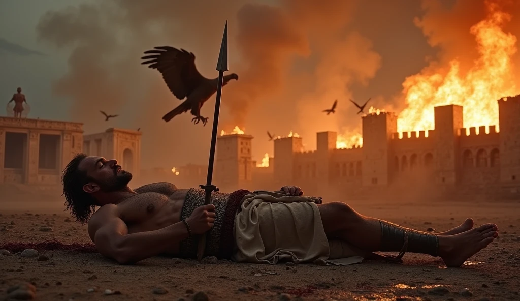 make a battle ground scene of greek ancient time fights going on and castles on fire and dark skies with vultures around. Then there is a middle aged greek warrior lying completely wounded and a spear wounding through his arm and blood, renaissance cinematic 