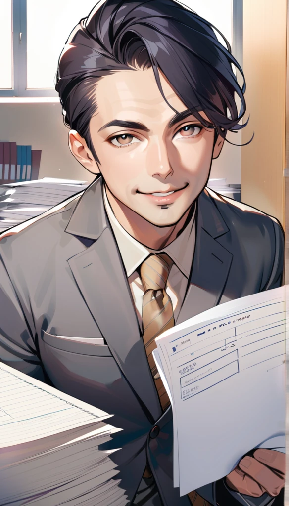 1man, solo, side parted hairstyle, black hair, black eyes, beige lips, 50 years old, smile,wear a gray suit, see the documents at hand, company office, looking at viewer, opened mouth