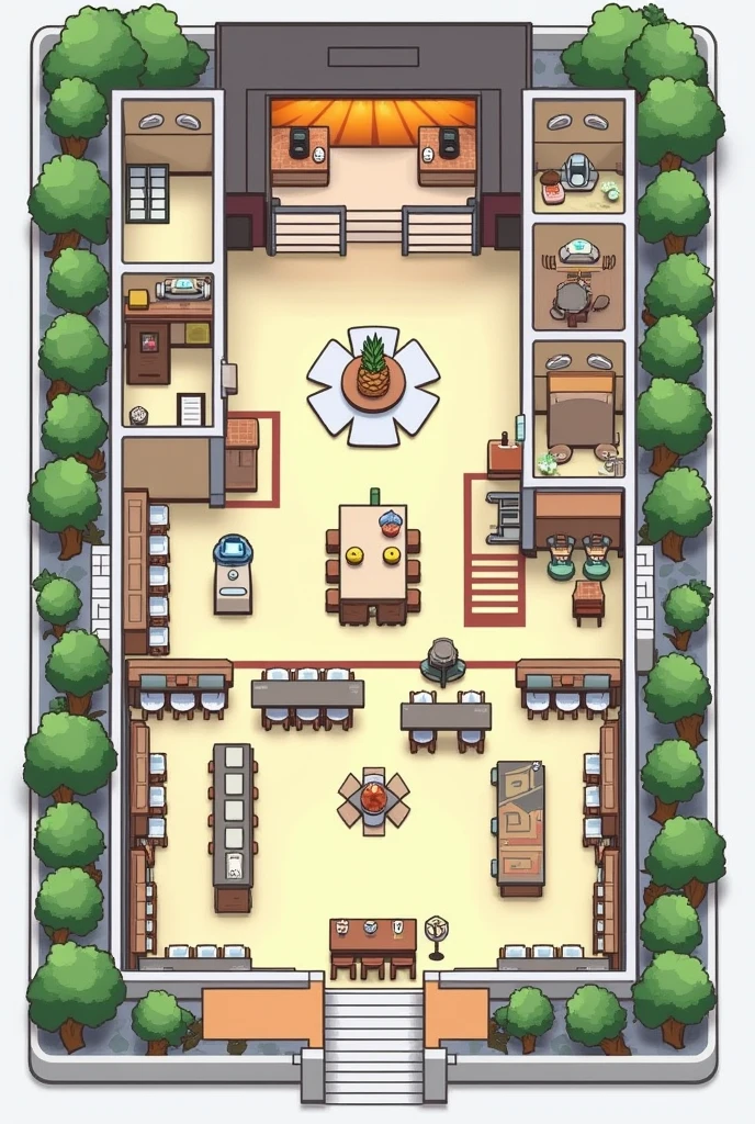 A floor plan for an event. Front of the Room: Entrance → Registration → Photo Booth → Display Table
- Center of the Room: Stage/Backdrop with DJ/Sound System nearby, Dining Tables arranged around this central area
- Side of the Room: Bar Counter on one side
- Back of the Room: Kitchen behind a partition or wall, Comfort Room in a discreet location
- Exits: Main Exit and Emergency Exit clearly marked and accessible from all parts of the room.