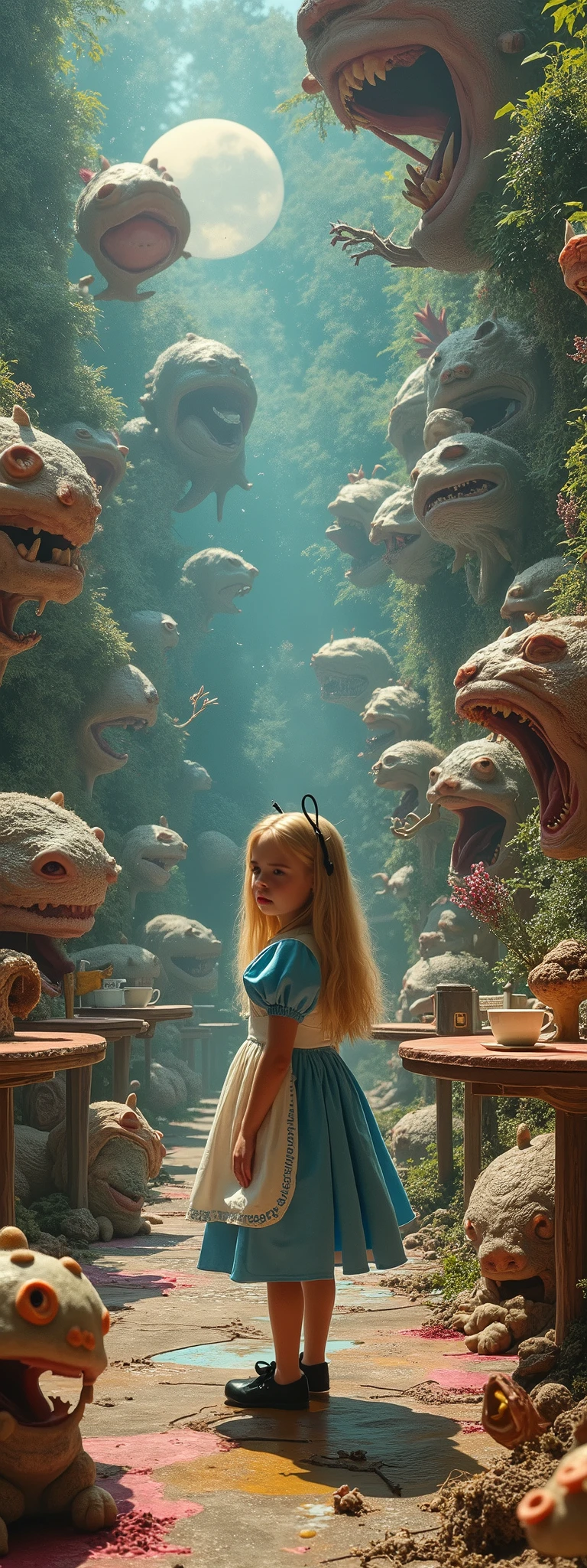 In the middle of the image is very cute Alice\(Alice in Wonderland,, wondering\), in the world everything is wrong, A Mad Tea-Party, wrong perspective, wrong distance, very out of balance, psychedelic world, time interval is wrong, up-down relationship wrong,The direction of gravity is not correct, the relationship between light and shade is wrong, the shadow of Alice is in a different pose, work by Salvator Dali, collage of realistic photographs, planar expression, many strange creatures,Very flat world,Surrealism, Trompe l'oeil,Apply a squishy distorted filter,Rorschach test picture