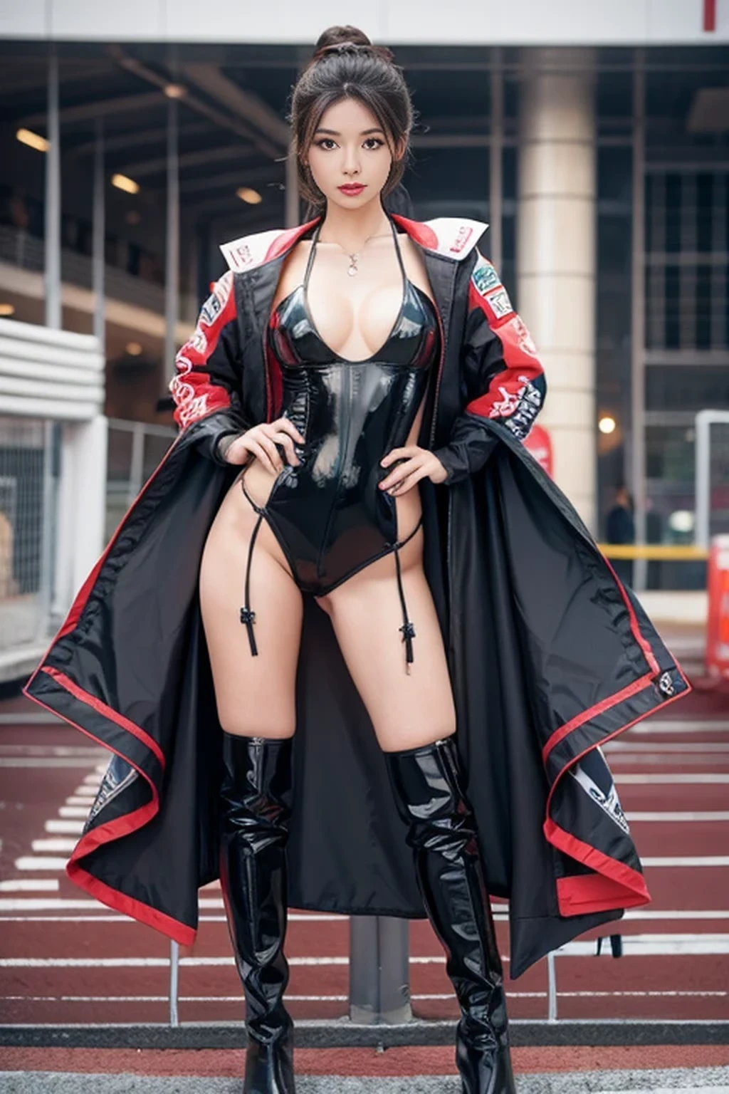 (8k, best quality, masterpiece, Body of the best proportion, super detailed:1.5), (A Japanese race queen, tall, glamor, sexually flattering clothing, boots, Posing as a fashion model:1.4), (racing circuit:1.8), huge breasts