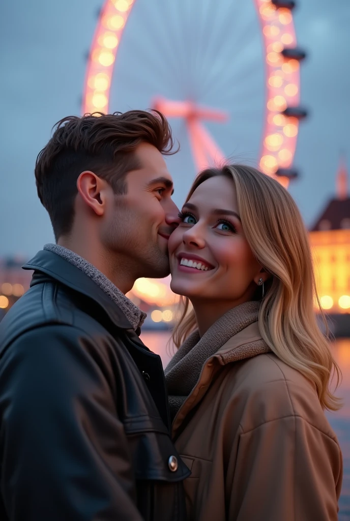 (photorealism:1.2), A couple hugging in front of the London Eye, taking a profile selfie man brown hair and eyes, blonde woman with green eyes 8k ultra realistic