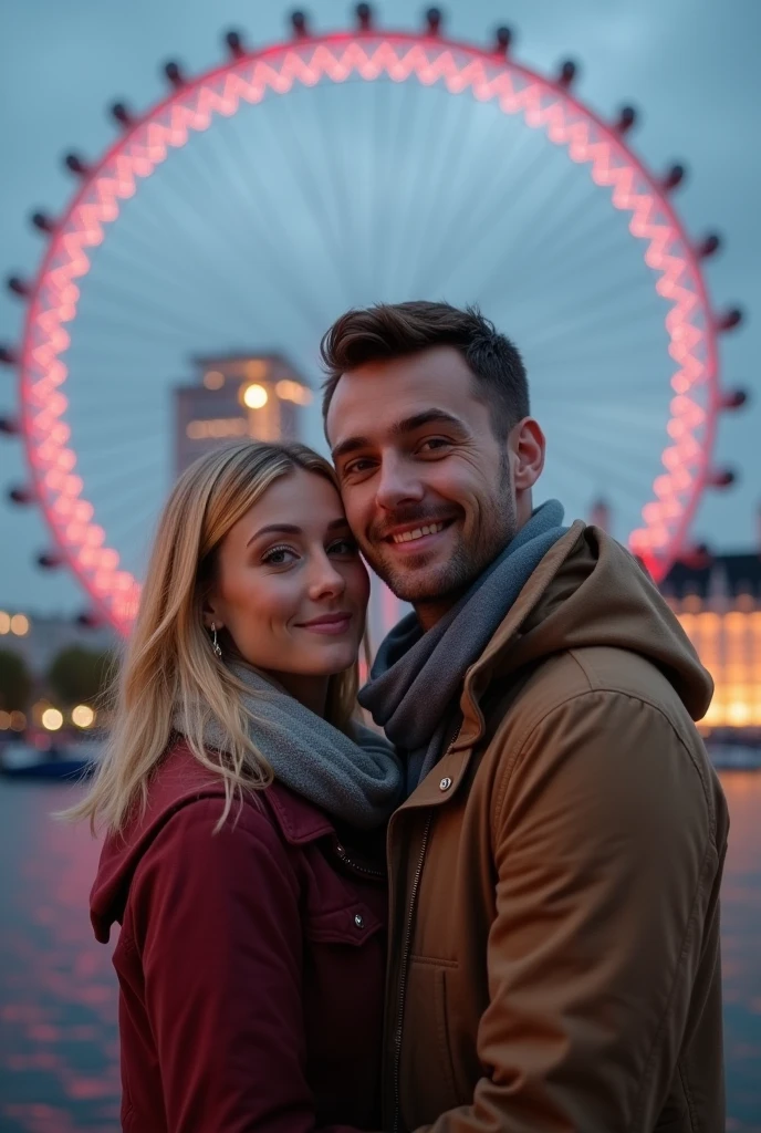 (photorealism:1.2), A couple hugging in front of the London Eye,  taking a profile selfie man brown hair and eyes, blonde woman with green eyes 8k ultra realistic