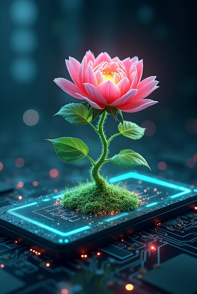 Digital Bloom: A flower blooming from a digital chip or a tree growing out of a smartphone, symbolizing the blend of natural beauty and cutting-edge technology.