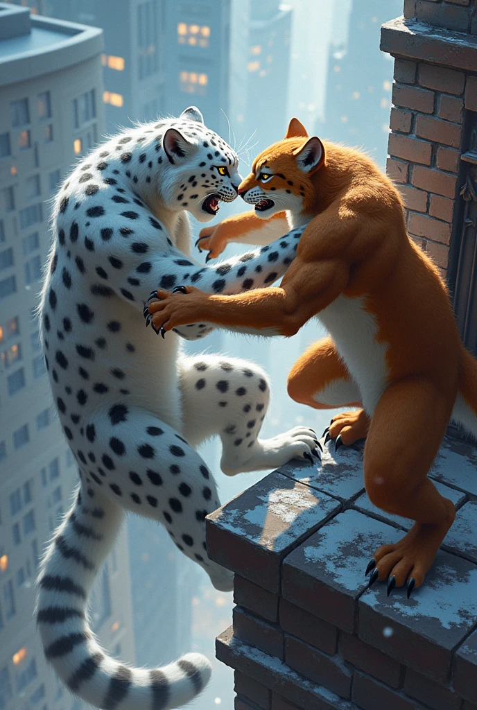 Snowclaw and Rustfur engage in a fierce battle on a narrow rooftop. Their claws clash as they fight, with the city’s lights twinkling below them.