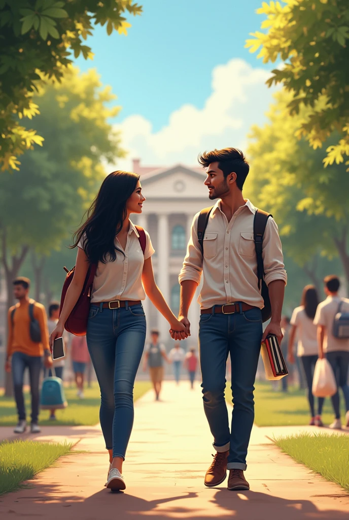 Create an image set on a college campus featuring two Indian students who are looking into each other's eyes, conveying hope for a relationship. The scene shows a beautiful 2 Indian woman walking to her class, holding notes and books in her hand. She is wearing a formal shirt and jeans. In the opposite direction, a 2 Indian man, also a college student, is passing by and looking back at her. He is also dressed in a formal shirt and jeans. The background should include elements typical of a college campus, such as buildings, trees, and pathways