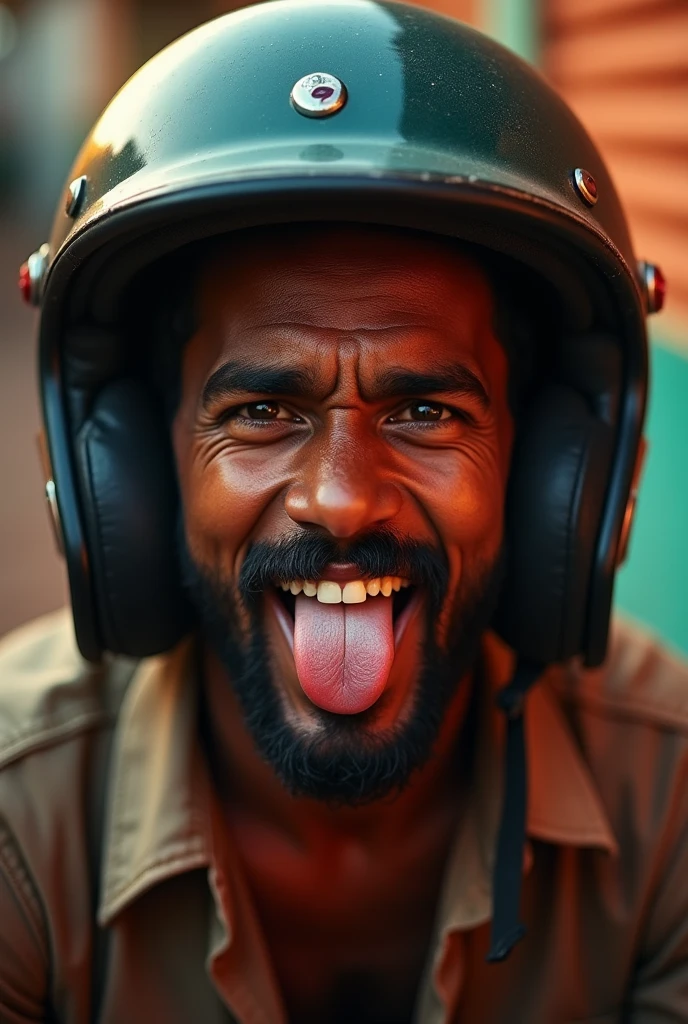 a man in india, 1 man, wearing a helmet upside down, godox lighting. Ahegoa. Tongue out, portrait photography, high quality, photorealistic, detailed facial features, detailed eyes, detailed nose, detailed lips, detailed skin texture, dramatic lighting, cinematic atmosphere, dynamic pose, environmental details, vibrant colors, warm color tones, natural lighting, sharp focus, 8k, best quality, masterpiece