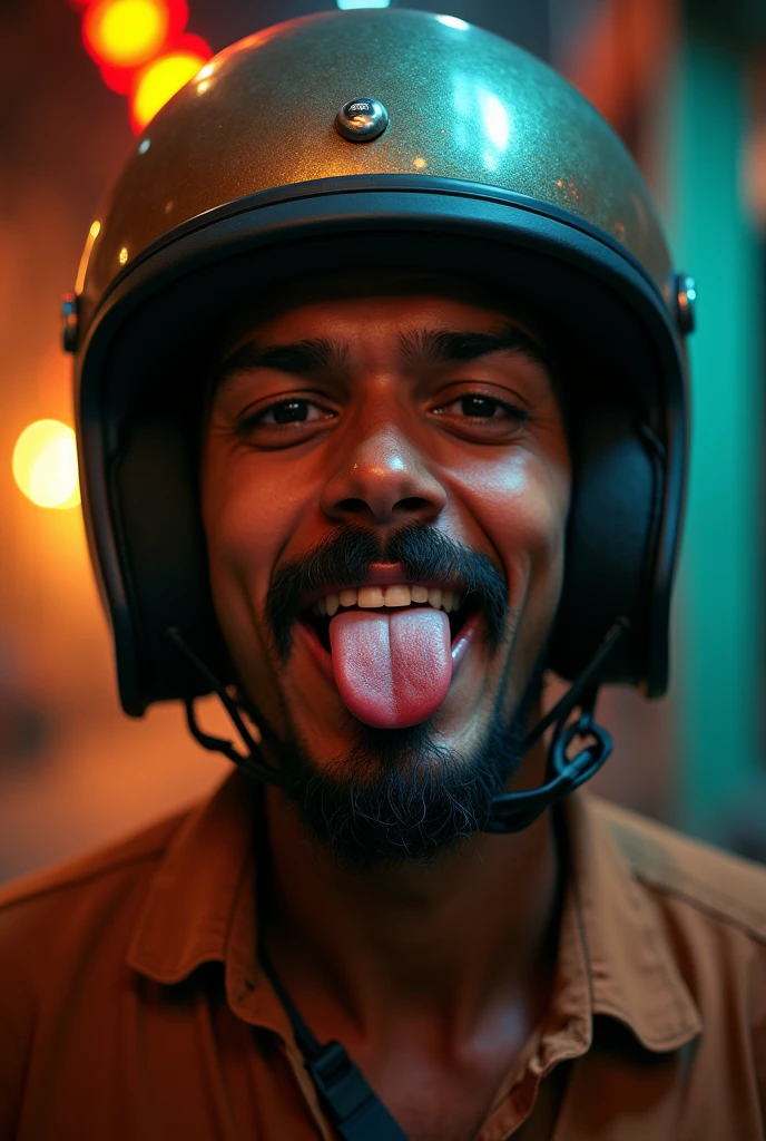 a man in india, 1 man, wearing a helmet upside down, godox lighting. Ahegoa. Tongue out, portrait photography, high quality, photorealistic, detailed facial features, detailed eyes, detailed nose, detailed lips, detailed skin texture, dramatic lighting, cinematic atmosphere, dynamic pose, environmental details, vibrant colors, warm color tones, natural lighting, sharp focus, 8k, best quality, masterpiece