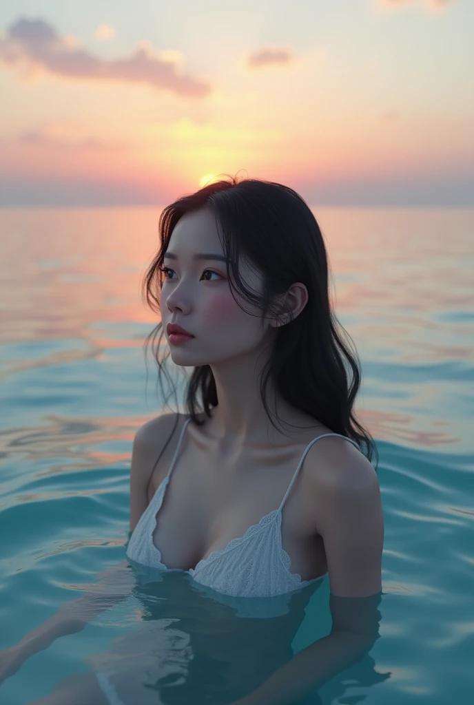 3dCG Young woman in the sea at dusk
