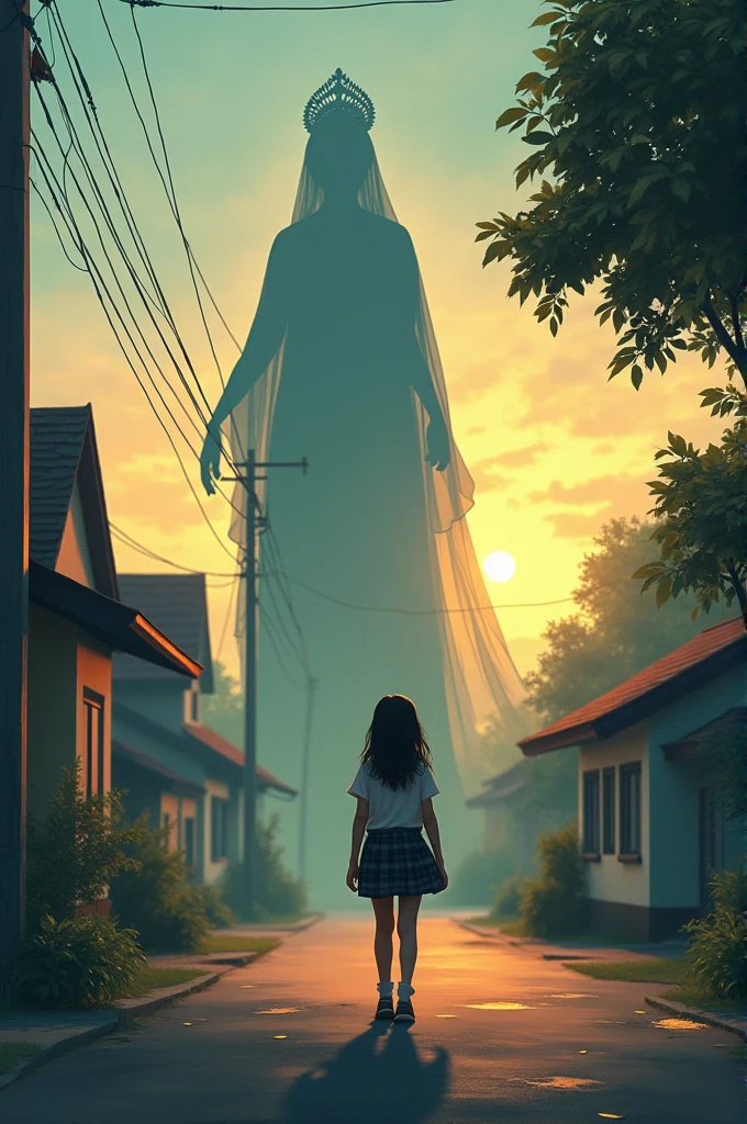 A girl is walking home after school on the road and the shadow behind is Durga's mother