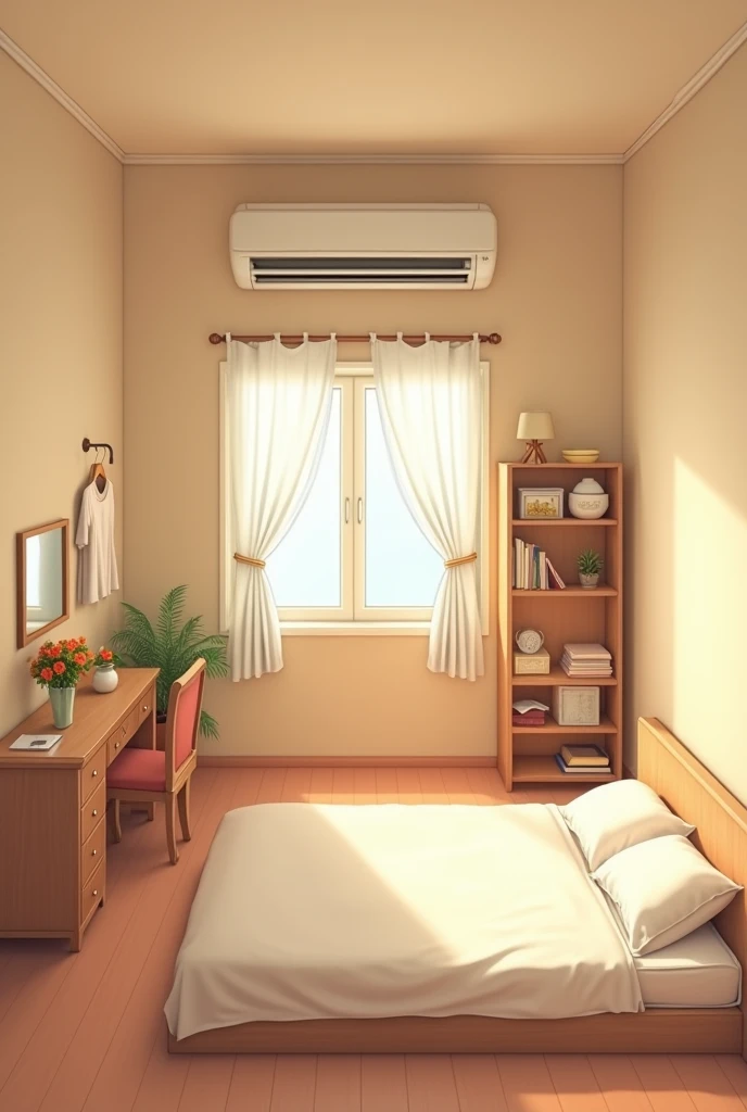 1 empty room 64m2, Start painting the room beige , legless bed , put on the right side,hang clothes , set desk , 1 mirror, air conditioning ,bookcase, Curtain , 


