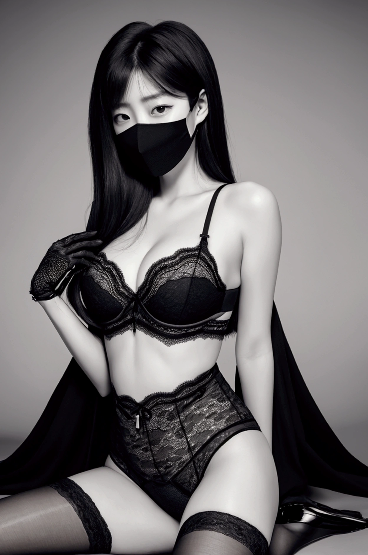 Best quality, masterpiece, ultra high res, (Cinematic Aesthetic:1.4) Photo of a beautiful korean fashion model (realistic, high resolution:1.3), (((girl wearing black mouth mask))), (((mastrubating))), (spreading her legs))), high heels, see through outfit, black lingerie, lace gauntlet, black stocking, girl with perfect figure, super fine face and eyes, long hair, big breasts, exposed cleavage, domatrix