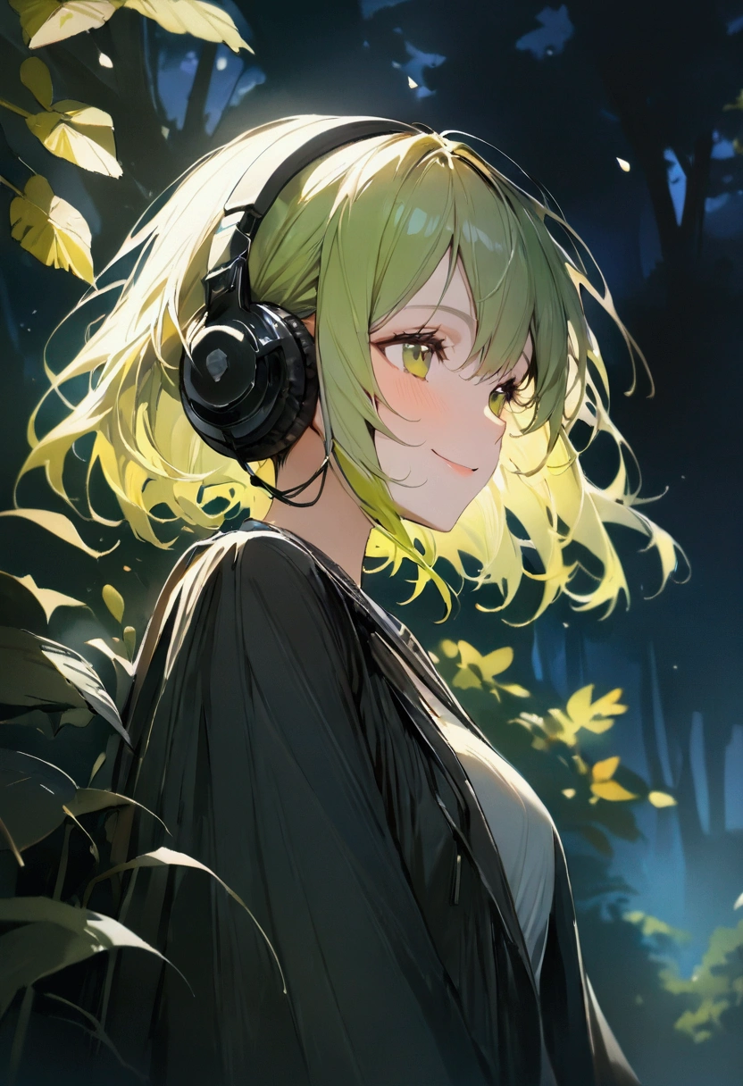 Yellow-green hair color,woman,forest,butterfly々, Cinema Lighting, (masterpiece:1.2), 最high quality, high quality, High resolution, (Super detailed), Detailed Background, One person,headphone,smile,Light background,blue sky,Laugh quietly,