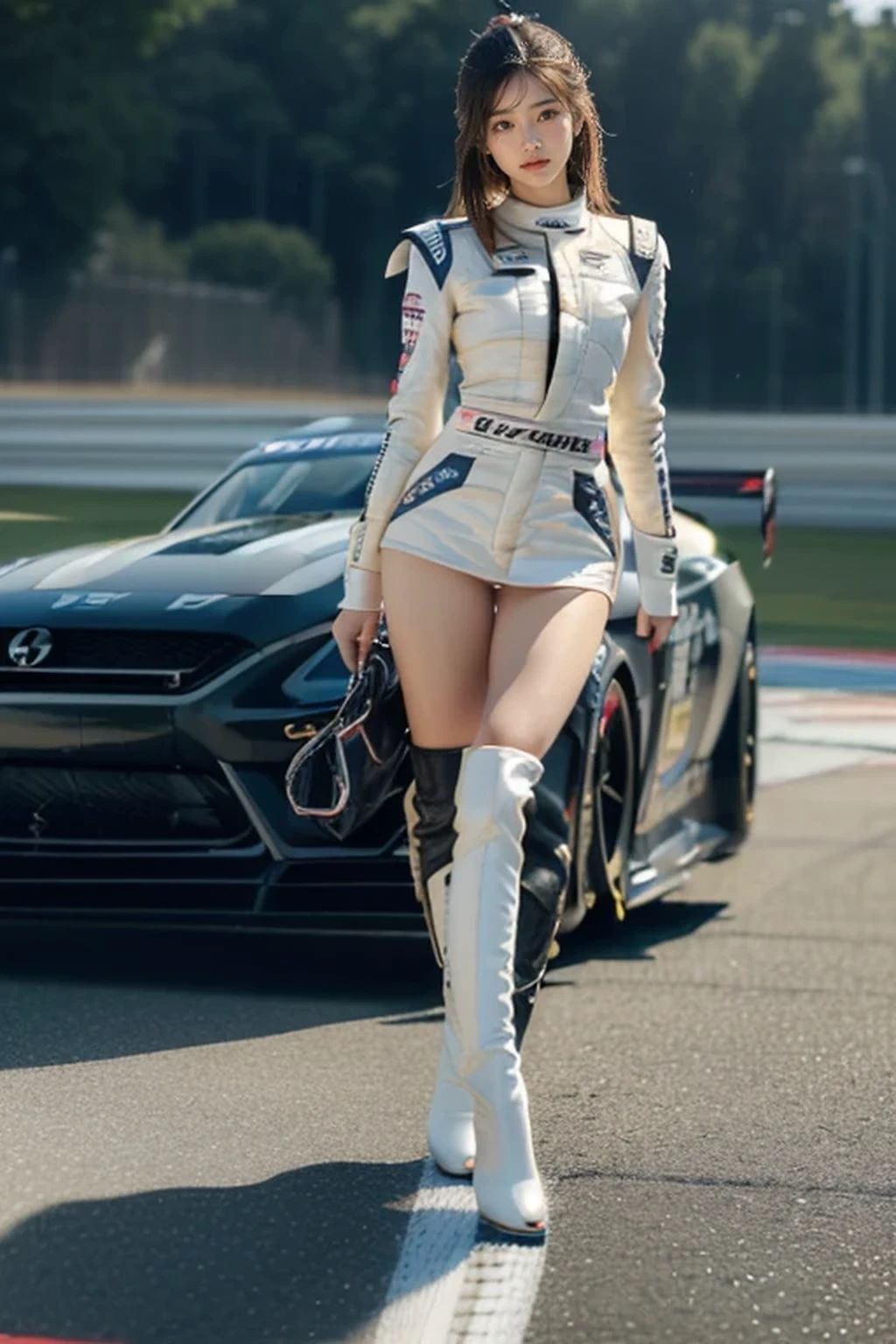 (8k, best quality, masterpiece, Body of the best proportion, super detailed:1.5), (A Japanese race queen, tall, glamor, sexually flattering clothing, boots, Posing as a fashion model:1.4), (racing circuit:1.8), huge breasts