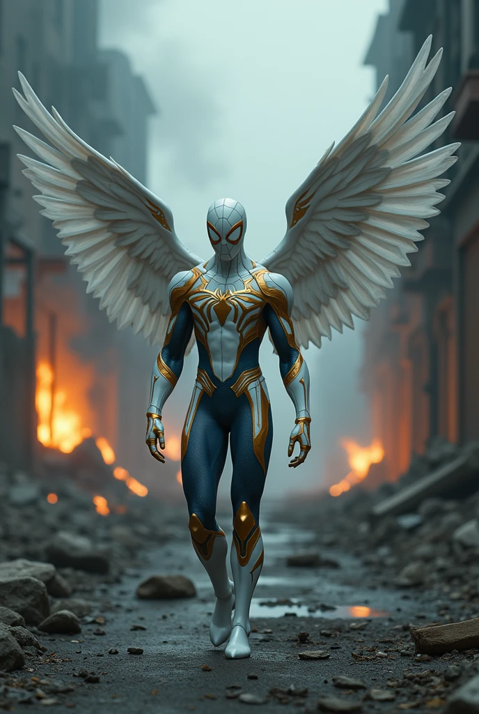 (front view:1. 2) of a graceful Spiderman, large white wings folded down, sad, intricate white and golden shine costume, walk on decrepit street, destroyed buildings, dark sky, active fires in background, volumetric fog, subsurface scattering, ambient occlusion, post apocalyptic, ruins of war, fire, smoke, (bokeh:1. 4)
masterpiece, best quality, detailed, realistic, 8k UHD, high quality, lifelike, precise, vibrant, absurdres, rendered in a cinematic, HDR style, 8K resolution