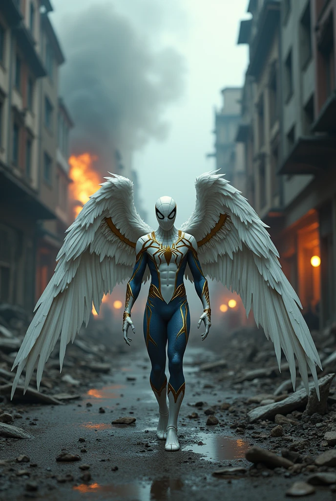 (front view:1. 2) of a graceful Spiderman, large white wings folded down, sad, intricate white and golden shine costume, walk on decrepit street, destroyed buildings, dark sky, active fires in background, volumetric fog, subsurface scattering, ambient occlusion, post apocalyptic, ruins of war, fire, smoke, (bokeh:1. 4)
masterpiece, best quality, detailed, realistic, 8k UHD, high quality, lifelike, precise, vibrant, absurdres, rendered in a cinematic, HDR style, 8K resolution