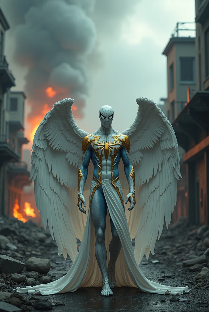 (front view:1. 2) of a graceful Spiderman, large white wings folded down, sad, intricate white and golden shine costume, walk on decrepit street, destroyed buildings, dark sky, active fires in background, volumetric fog, subsurface scattering, ambient occlusion, post apocalyptic, ruins of war, fire, smoke, (bokeh:1. 4)
masterpiece, best quality, detailed, realistic, 8k UHD, high quality, lifelike, precise, vibrant, absurdres, rendered in a cinematic, HDR style, 8K resolution