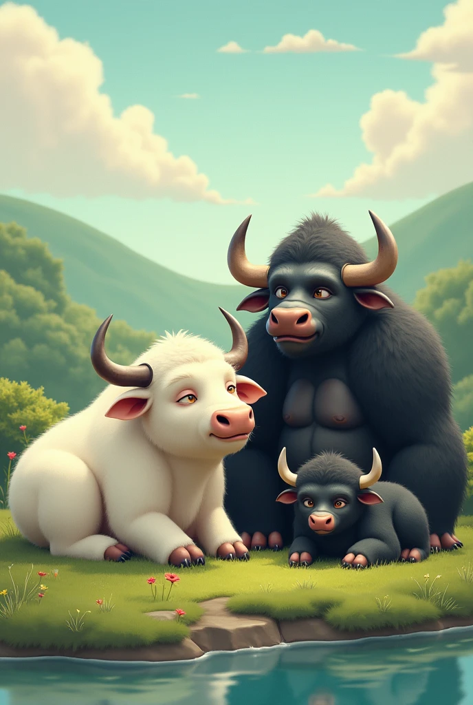 create an image with an ox, buffalo, and monkey chilling together together. 🐂🐃 🦍
Only these three animals white ox, black
buffalo and big Gorilla
Chilling party together
