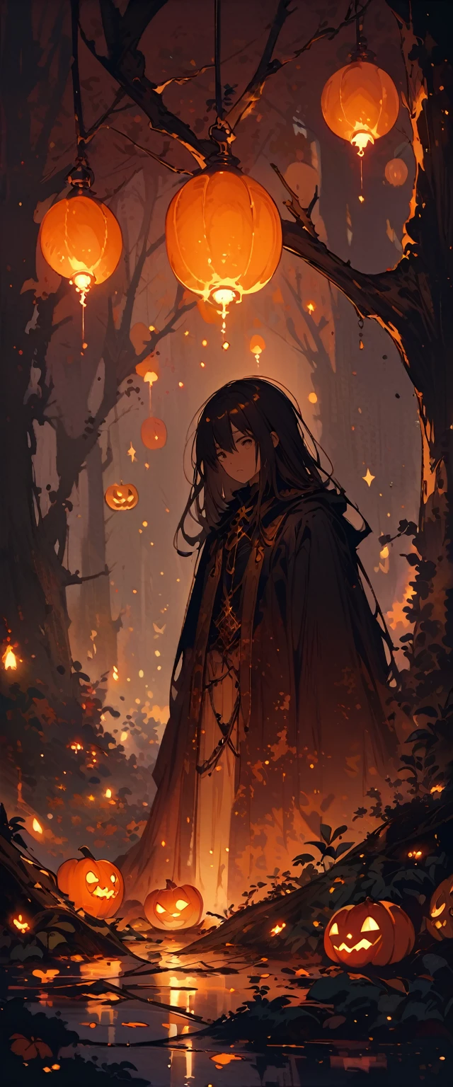 **"A mysterious dark night scene in a dense forest, where the only sources of light come from glowing pumpkins scattered among the trees and vintage light bulbs hanging from the branches. The pumpkins emit an eerie, soft glow, casting long shadows across the forest floor, while the light bulbs flicker gently, illuminating the twisted, gnarled trees. The atmosphere is moody and atmospheric, with a touch of the surreal, blending elements of dark fantasy and gothic aesthetics. The overall composition should evoke a sense of mystery and intrigue, with deep shadows and warm, haunting light —q 2 —ar 2:3."**