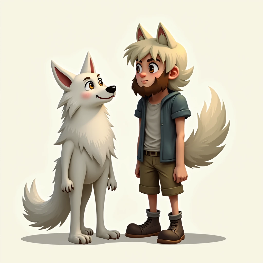 2D cartoon design of Steve with his beard and white wolf with realistic shape and human body and without cubes in Minecraft