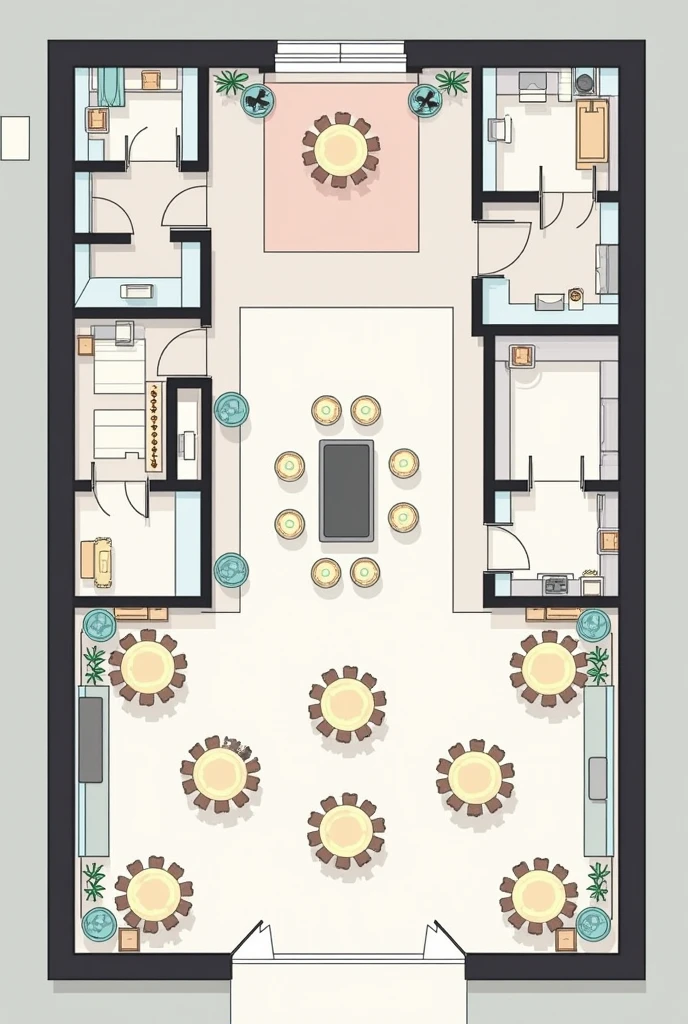 A floor plan for an event. Front of the Room: Entrance → Registration → Photo Booth → Display Table
- Center of the Room: Stage/Backdrop with DJ/Sound System nearby, 10 circle Dining Tables arranged around this central area
- Side of the Room: Bar Counter on one side
- Back of the Room: Kitchen behind a partition or wall, Comfort Room in a discreet location
- Exits: Main Exit and Emergency Exit clearly marked and accessible from all parts of the room.