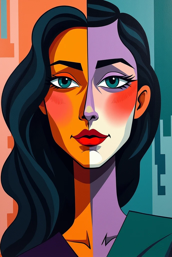 "An abstract depiction of a woman in the Picasso style, where her face is divided into geometric sections, each colored in striking, contrasting hues—orange, purple, and teal. Her eyes are positioned on different planes, one higher than the other, with a nose that is a straight, angular line. Her hair flows in thick, ribbon-like patterns across the canvas, creating a sense of movement. The background is a mix of sharp, irregular shapes, adding to the painting's dynamic feel."