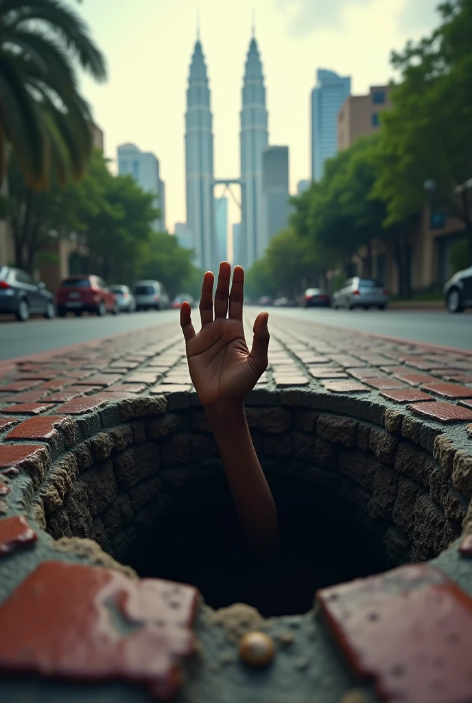  
One black women hand reach out from quick sand, sink hole on the center. Brickwalk road.city background. Klcc background.