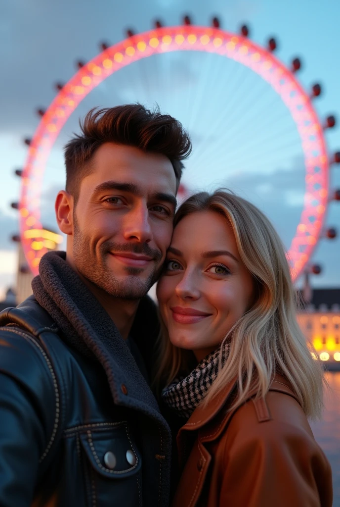 (photorealism:1.2), A couple hugging in front of the London Eye,  taking a profile selfie man brown hair and eyes, blonde woman with green eyes 8k ultra realistic