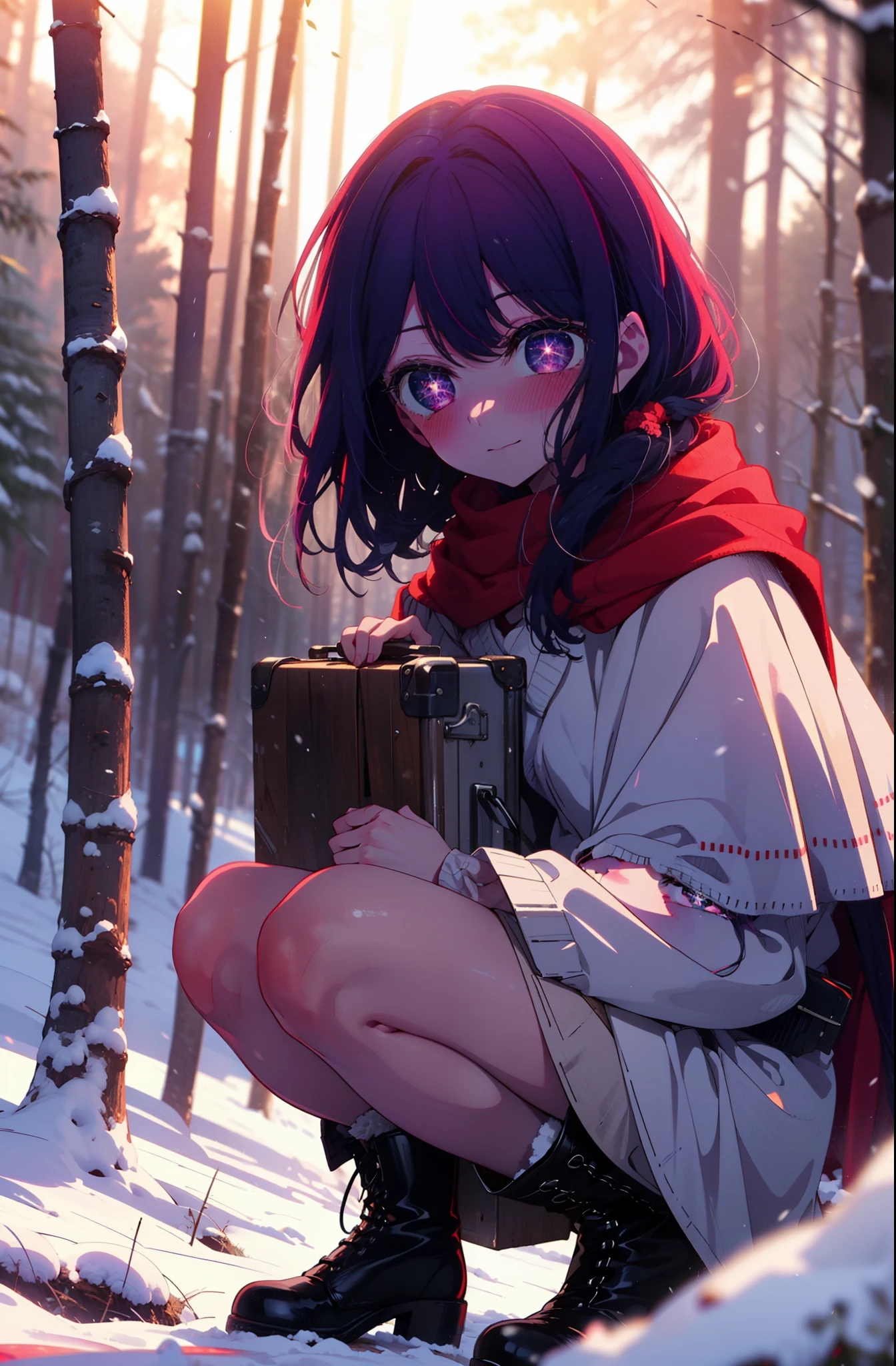 aihoshino, Ai Hoshino, Long Hair, bangs, (Purple eyes:1.1), Purple Hair, (Symbol-shaped pupil:1.5), smile,,smile,blush,white breath,
Open your mouth,snow,Ground bonfire, Outdoor, boots, snowing, From the side, wood, suitcase, Cape, Blurred, , forest, White handbag, nature, Squat, Mouth closed, Cape, winter, Written boundary depth, Black shoes, red Cape break looking at viewer, Upper Body, whole body, break Outdoor, forest, nature, break (masterpiece:1.2), Highest quality, High resolution, unity 8k wallpaper, (shape:0.8), (Beautiful and beautiful eyes:1.6), Highly detailed face, Perfect lighting, Highly detailed CG, (Perfect hands, Perfect Anatomy),