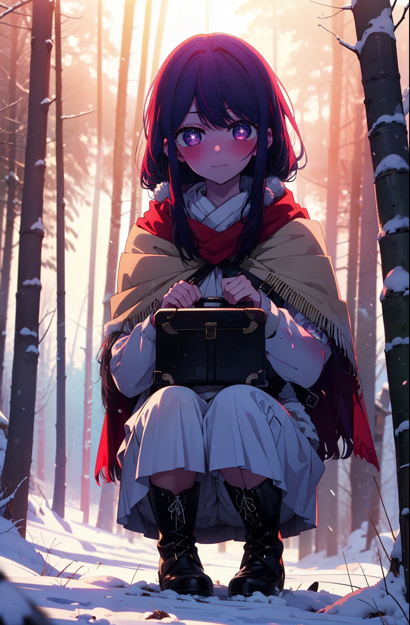 aihoshino, Ai Hoshino, Long Hair, bangs, (Purple eyes:1.1), Purple Hair, (Symbol-shaped pupil:1.5), smile,,smile,blush,white breath,
Open your mouth,snow,Ground bonfire, Outdoor, boots, snowing, From the side, wood, suitcase, Cape, Blurred, , forest, White handbag, nature, Squat, Mouth closed, Cape, winter, Written boundary depth, Black shoes, red Cape break looking at viewer, Upper Body, whole body, break Outdoor, forest, nature, break (masterpiece:1.2), Highest quality, High resolution, unity 8k wallpaper, (shape:0.8), (Beautiful and beautiful eyes:1.6), Highly detailed face, Perfect lighting, Highly detailed CG, (Perfect hands, Perfect Anatomy),