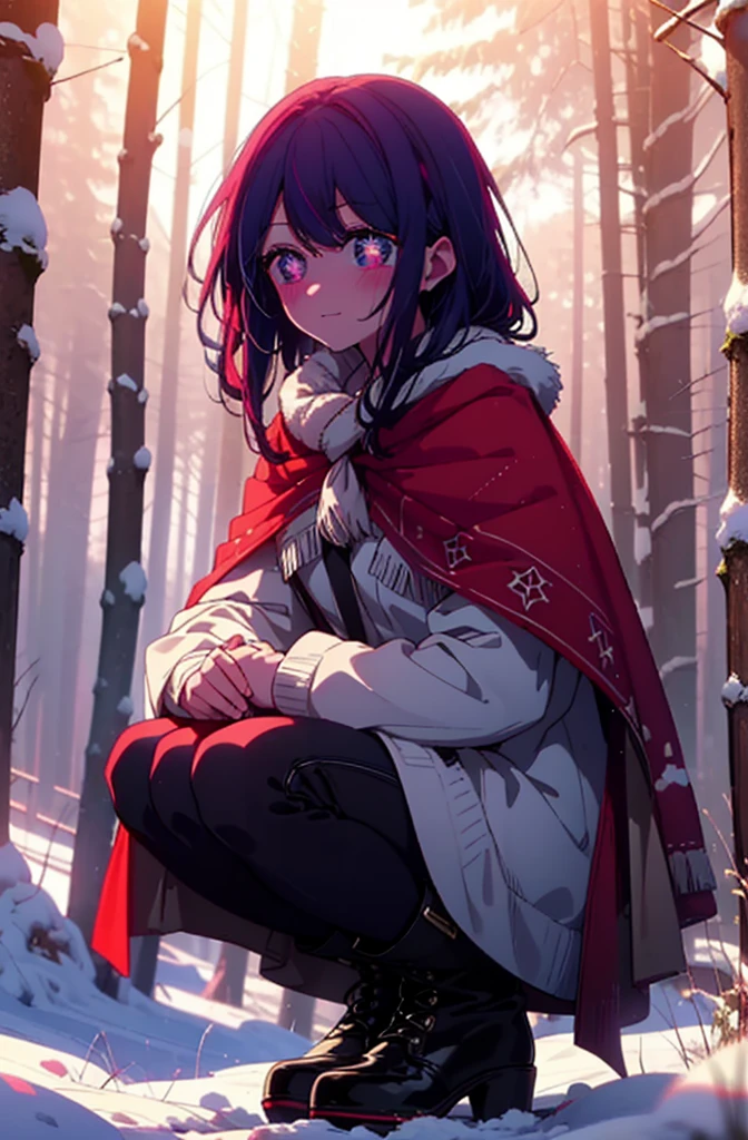 aihoshino, Ai Hoshino, Long Hair, bangs, (Purple eyes:1.1), Purple Hair, (Symbol-shaped pupil:1.5), smile,,smile,blush,white breath,
Open your mouth,snow,Ground bonfire, Outdoor, boots, snowing, From the side, wood, suitcase, Cape, Blurred, , forest, White handbag, nature, Squat, Mouth closed, Cape, winter, Written boundary depth, Black shoes, red Cape break looking at viewer, Upper Body, whole body, break Outdoor, forest, nature, break (masterpiece:1.2), Highest quality, High resolution, unity 8k wallpaper, (shape:0.8), (Beautiful and beautiful eyes:1.6), Highly detailed face, Perfect lighting, Highly detailed CG, (Perfect hands, Perfect Anatomy),