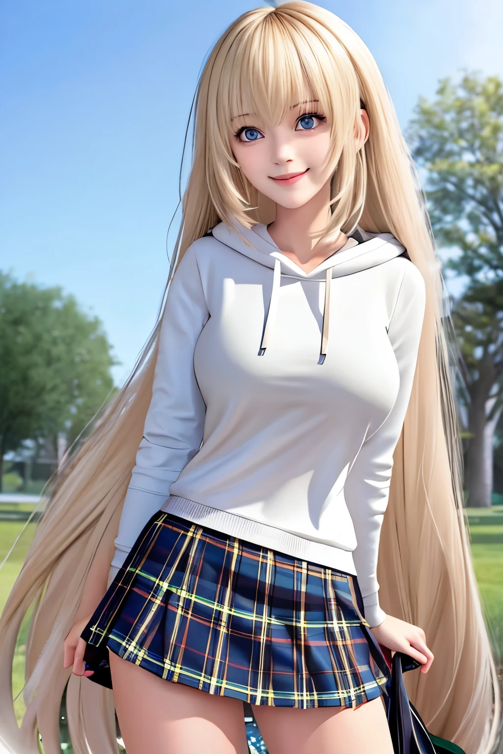 1beautiful girl,1,,Standing in the park,Legs spread, thighs spread,,Slightly bent, smile,super cute,cute,,very big breasts, Black hoodie,ruffled skirt, short mini skirt, yellow checkered roll,, bangs, visible navel,blonde hair, blue eyes, bangs,long hair,vibrant colors,close up photo,colorful art style, soft shadows, detailed textures, dynamic lighting, ultra detailed
