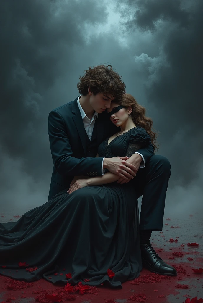 The scene is bloody black area with black clouds rain and thunderstorm a teen boy is seen sitting on the floor wearing a suit with brown wavy hair holding his lovers dead  in his arms she's wearing a black layer gown and brown hair with ribbon over her eyes