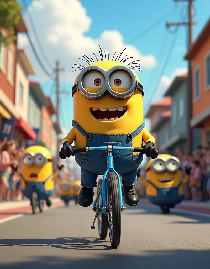 Minion Kevin finds an old blue bike The race begins, Kevin happened to pass by a bicycle race in the neighborhood., with the other Minions cheering. He decided to join even though he had never raced a bicycle before. 