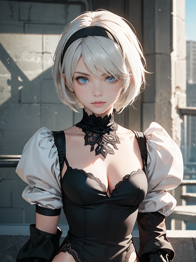 {(masterpiece,best quality, 16K portrait, UHD, extremely detailed the work, detailed beautiful face and eyes and skin and hair)} BREAK {(ultra realistic photo graphic style)} BREAK {solo,(2B of Nier-Automa:1.4), (lightbrown-lightwhite colored hair:1.4, short cut hair), (medium mouth),(narrow and sharp eyes),(attractive blue-glay eyes:1.4),(left-eye hidden by bangs:1.2),(slender body,small breasts):1.2,captivating lips} BREAK {(Nier-Automata-2B costume:1.2),(cleavage between breasts:1.2),(hairband:1)} BREAK {(body-shot,gravure-model pose}