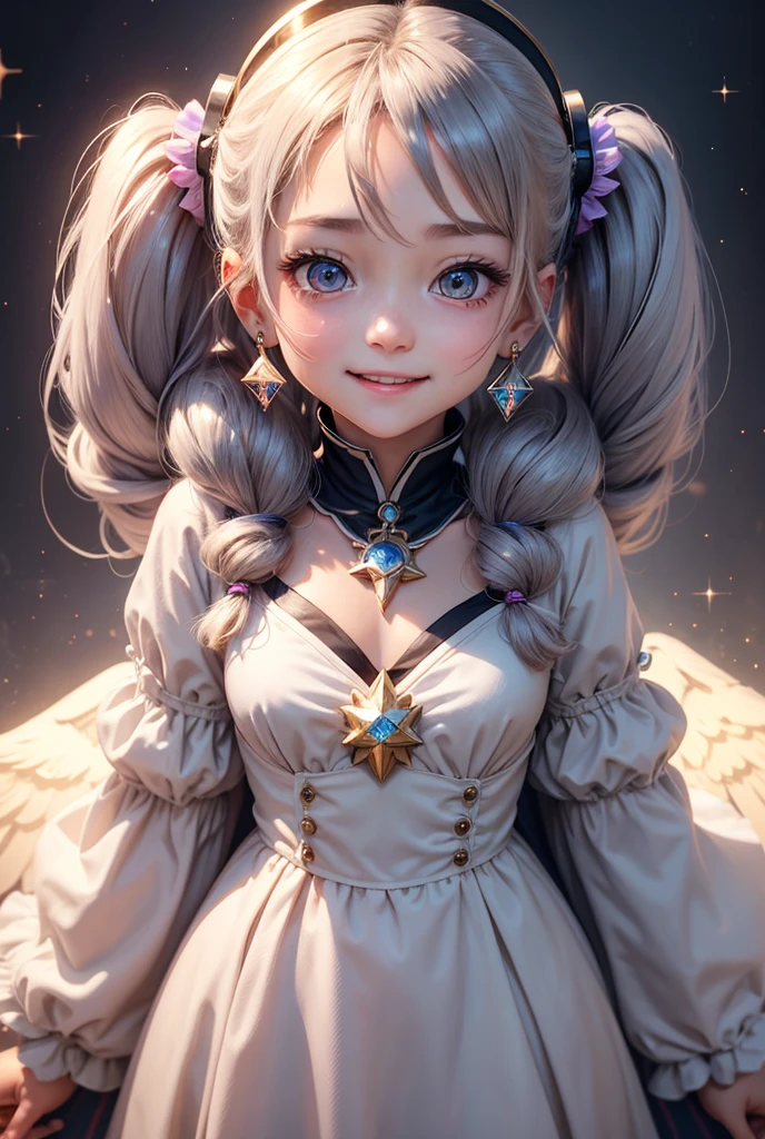 One girl, Twin tails, accessories, Earrings, accurate, chest, happiness/joy, Bright Eyes, Simple Background, Sparkle Effect, stereofuturism, crystal、
fortune teller、Angel Halo,