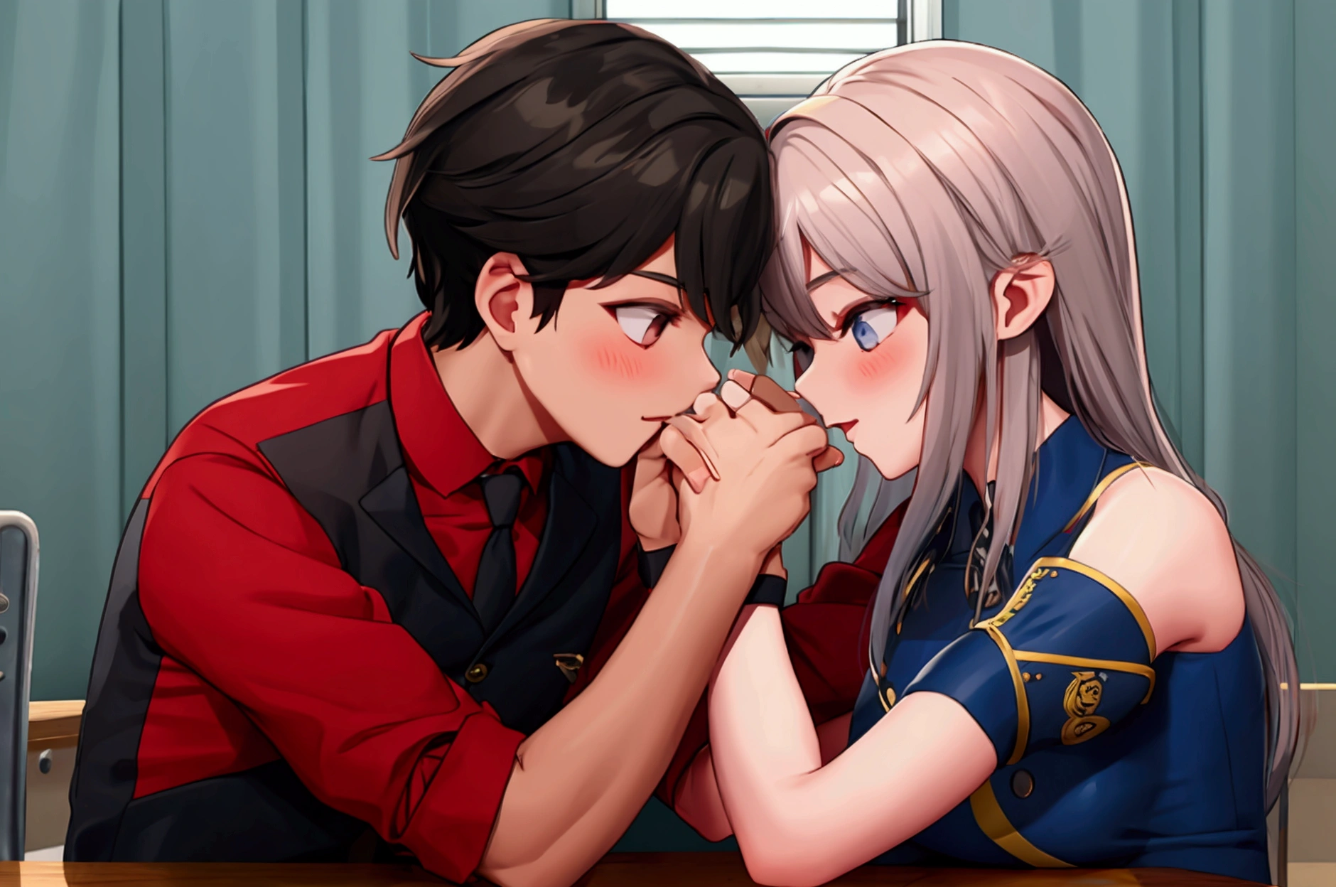 A boy and girl doing arm-wrestling together in classroom