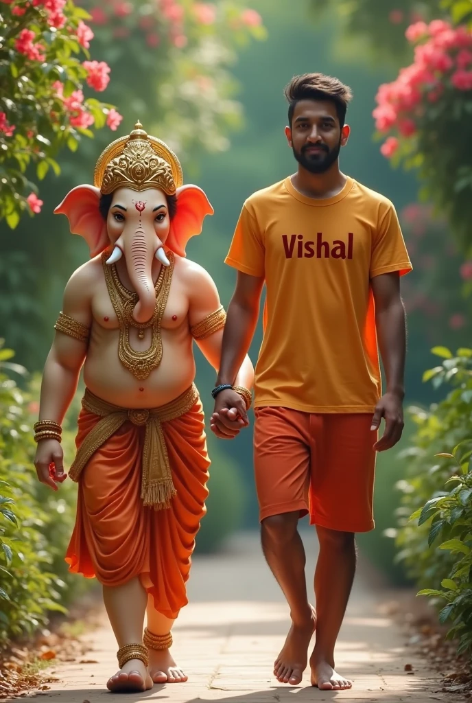 20 year old boy walking and holding hand with Lord Ganesha, boy is bare feet wearing saffron T-shirt with name" Vishal written boldly, environment is gorgeous, background is garden, both are in focus, ultra clear, hyper detailed Image, Ganesh ji and girl looking ahead and both are of same height