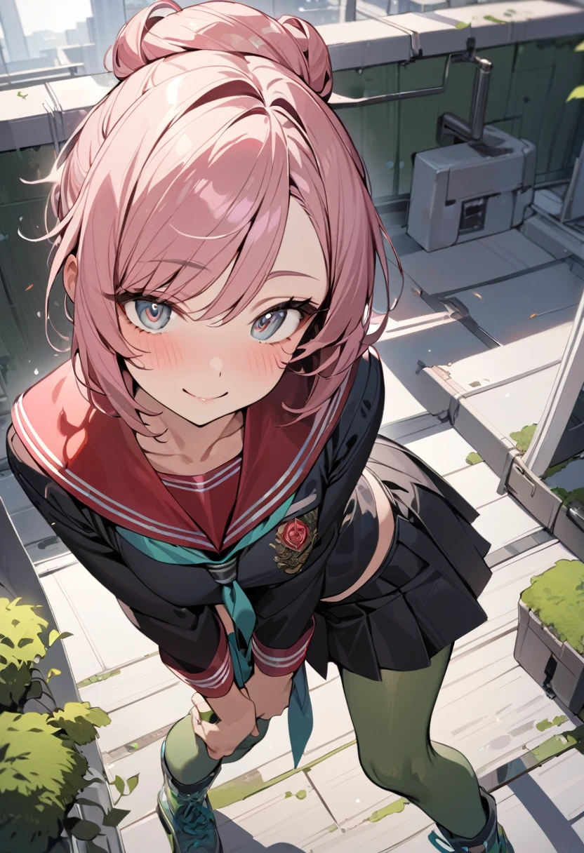 masterpiece, (best quality), (1 girl), solo highly detailed, friendly, slight smile, (swept bangs), pink hair in a bun, gray eyes, ((detailed eyes)), seifuku with the leading colors of black and red, black short-sleeved blouse with a red sailor collar, black knee-length pleated skirt, light blue tights, moss green ankle boots, rooftop background