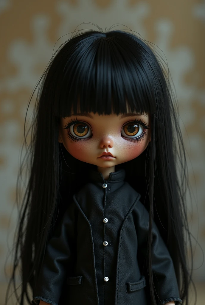 blythe doll with brown eyes and has long black hair, side bangs, brown skin, looks dead inside, corecore