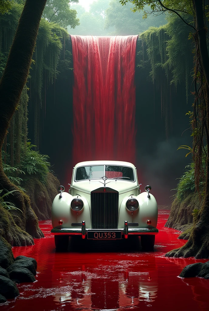 A vintage car in white colour in jungle background of and car waterfall of blood 