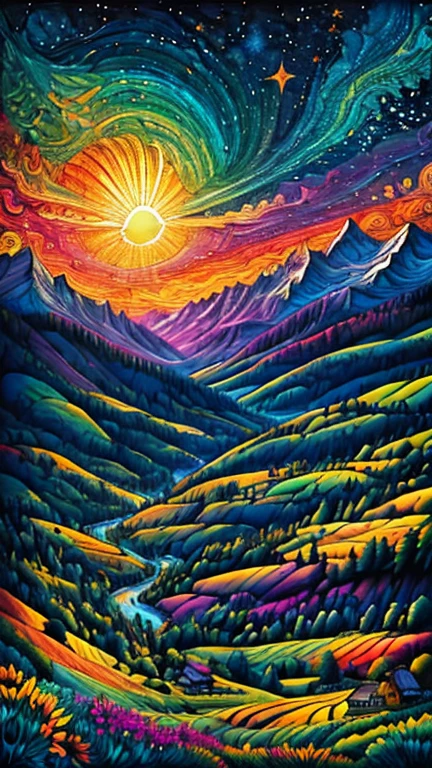Masterpiece, best composition, dynamic composition, colorful landscape painting with sunflowers, trees and hills, colorful landscape painting, psychedelic landscape, vivid oil painting, vivid abstract landscape, color field painting. 8K, amazing colorful landscape, detailed impasto, psychedelic sky, mountains and colorful sun, painted landscape, colorful sky, hills with flowers, big trees on hills, summer day psychedelic, big colorful picture.