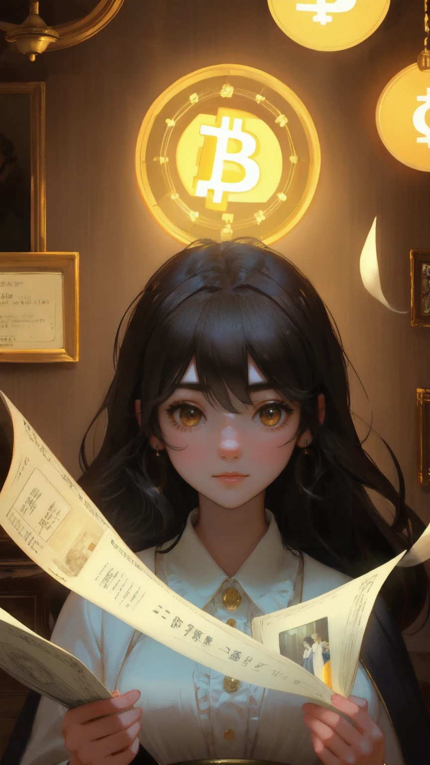 A mysterious and ethereal scene inside a vintage study room, illuminated by a warm, yellow light. A beautiful young woman, with a spectral appearance, holds a glowing Bitcoin ledger labeled 'Satoshi's Lost Wallet.' Next to her, a ghostly panda reacts in shock, while a portrait of a solemn figure hangs on the wall. The room is filled with floating Bitcoin coins and an antique chandelier overhead, casting soft shadows, adding an element of intrigue and mystery to this ghostly crypto treasure hunt
