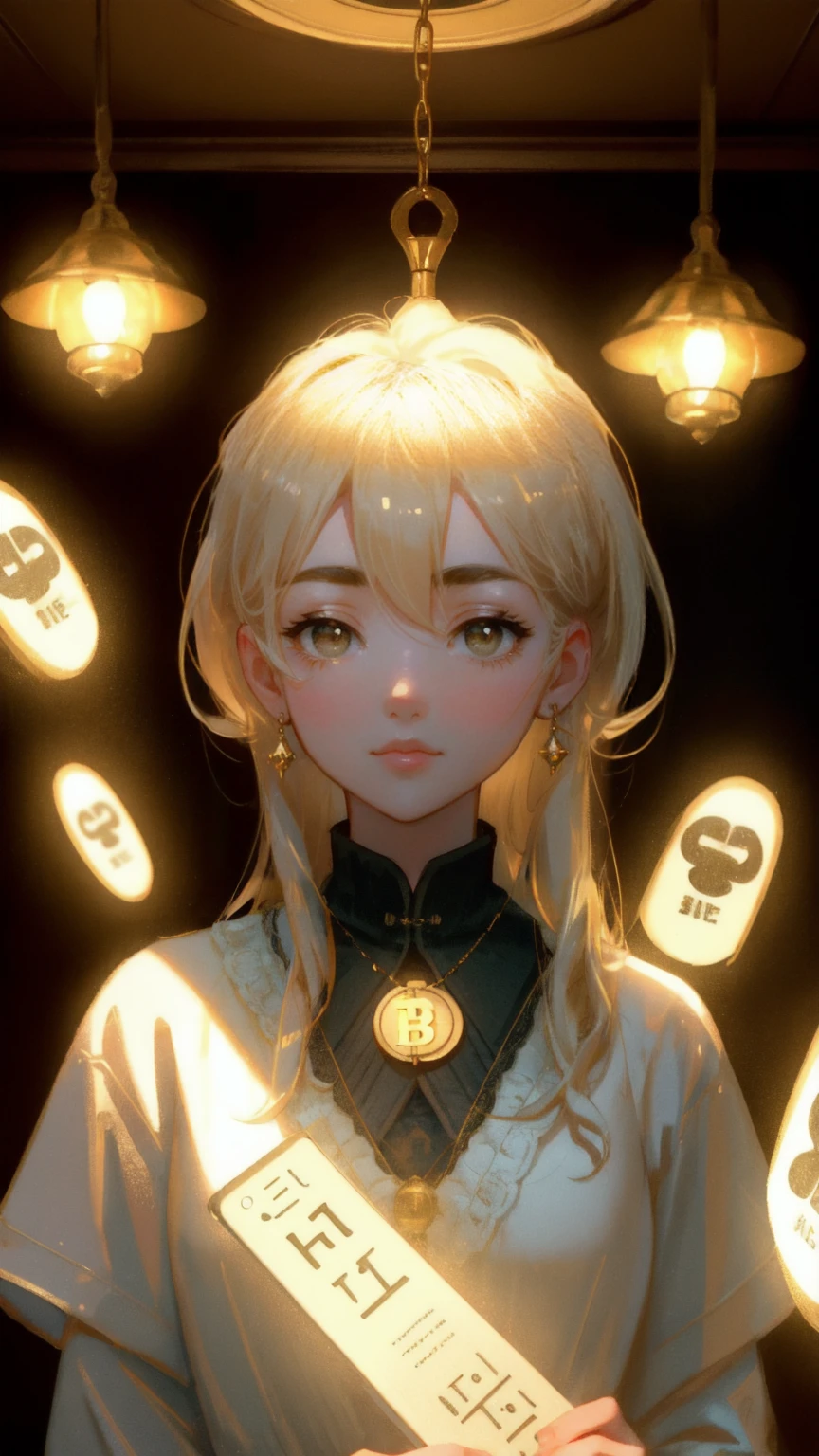 A mysterious and ethereal scene inside a vintage study room, illuminated by a warm, yellow light. A beautiful young woman, with a spectral appearance, holds a glowing Bitcoin ledger labeled 'Satoshi's Lost Wallet.' Next to her, a ghostly panda reacts in shock, while a portrait of a solemn figure hangs on the wall. The room is filled with floating Bitcoin coins and an antique chandelier overhead, casting soft shadows, adding an element of intrigue and mystery to this ghostly crypto treasure hunt