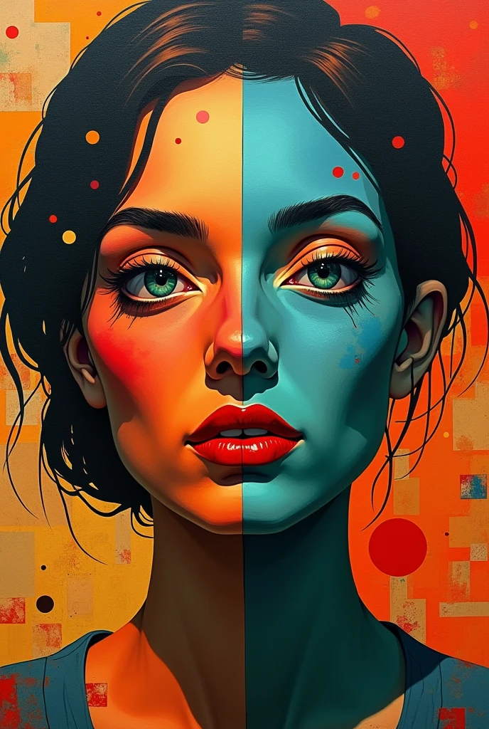 "A surreal, cubist portrait of a woman with a multi-faceted face, each segment painted in contrasting colors—vivid reds, deep blues, and bright greens. Her eyes are mismatched in size and shape, one appearing almost like a diamond, the other as a circle. Her lips are split across different planes, creating a disjointed yet intriguing expression. The background features fragmented, abstract shapes in warm tones, adding depth and complexity to the composition."