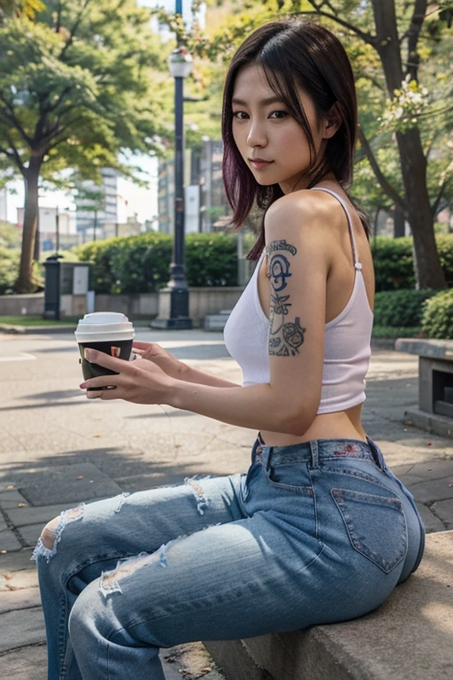 A beautiful Japanese-Korean woman with tattoos, wearing a large transparent white tank top, sitting in the park with a handsome young man wearing a purple shirt, jeans, accompanied by a cup of coffee and a pack of cigarettes.
