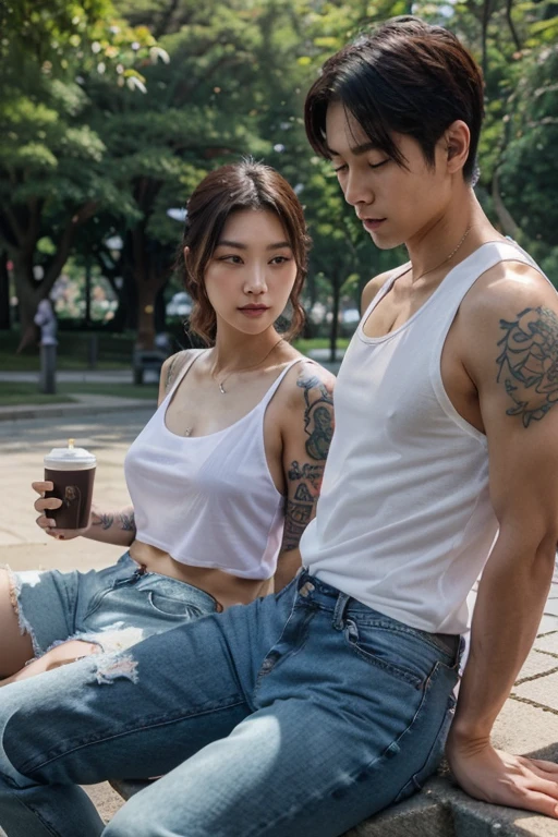 A beautiful Japanese-Korean woman with tattoos, wearing a large transparent white tank top, sitting in the park with a handsome young man wearing a purple shirt, jeans, accompanied by a cup of coffee and a pack of cigarettes.