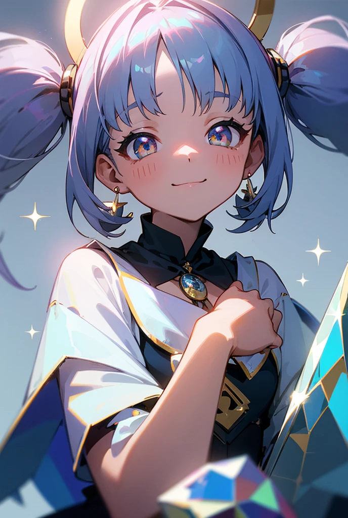 One girl, Twin tails, accessories, Earrings, accurate, chest, happiness/joy, Bright Eyes, Simple Background, Sparkle Effect, stereofuturism, crystal、
fortune teller、Angel Halo,