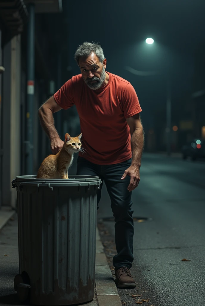 A man with small French beard in red tshirt picks up a small little brown cat and throws it in the grey Dustbin on road side in the night